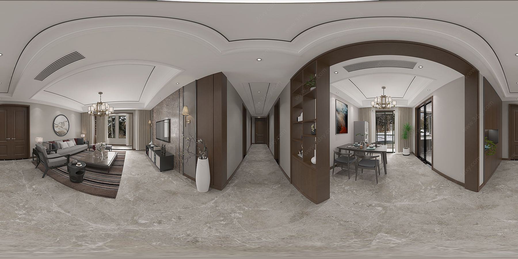 新中式餐客厅全景3D模型