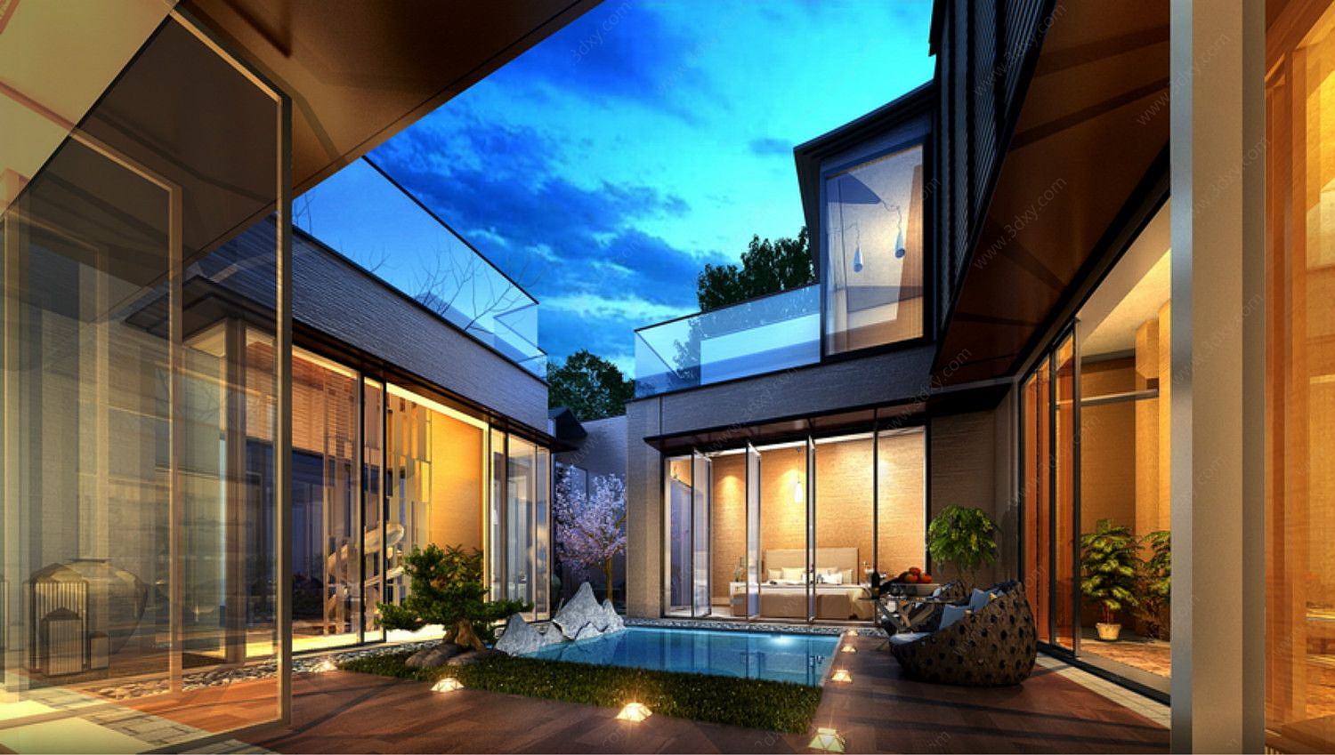 新中式别墅庭院景观3D模型