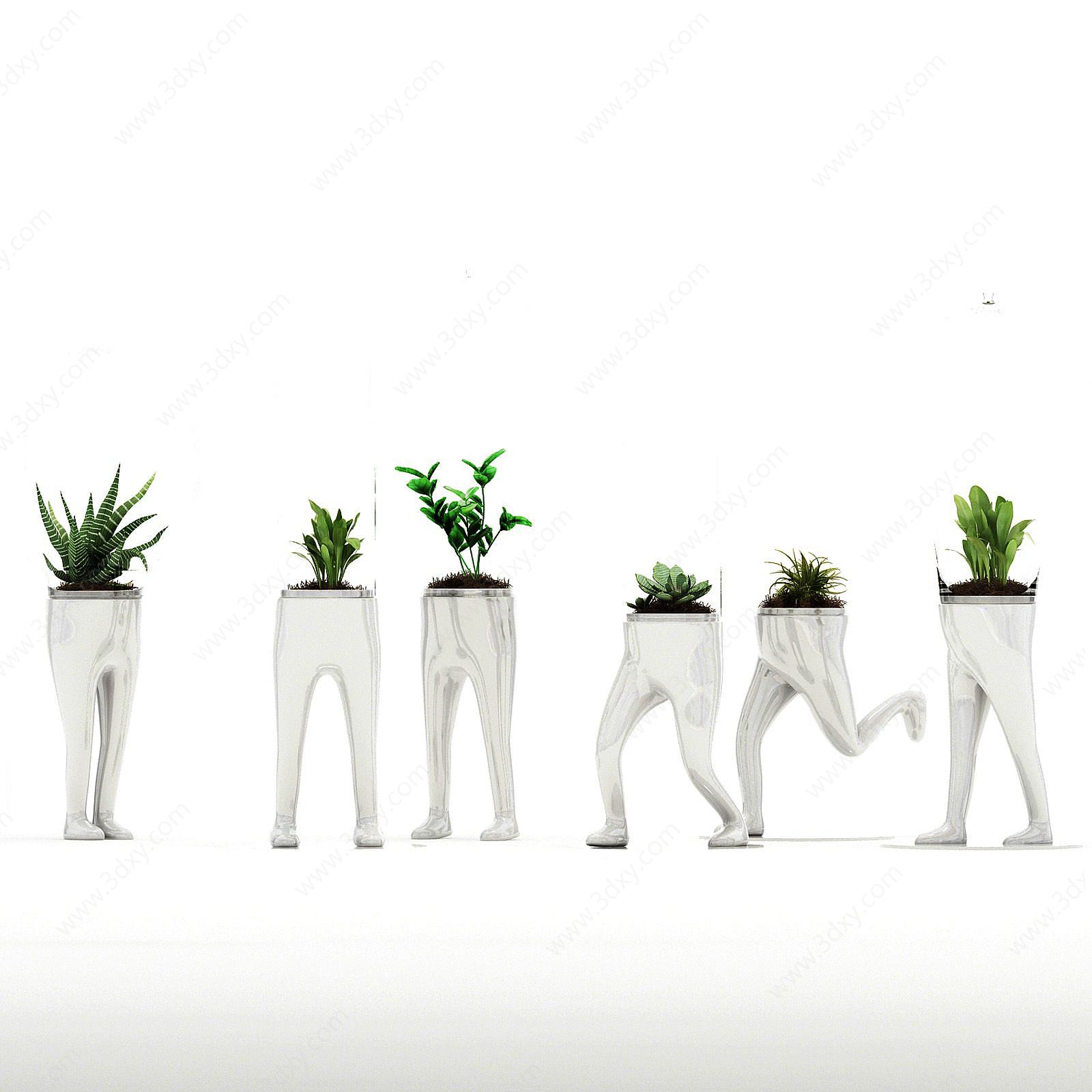 创意人形植物摆件组合3D模型