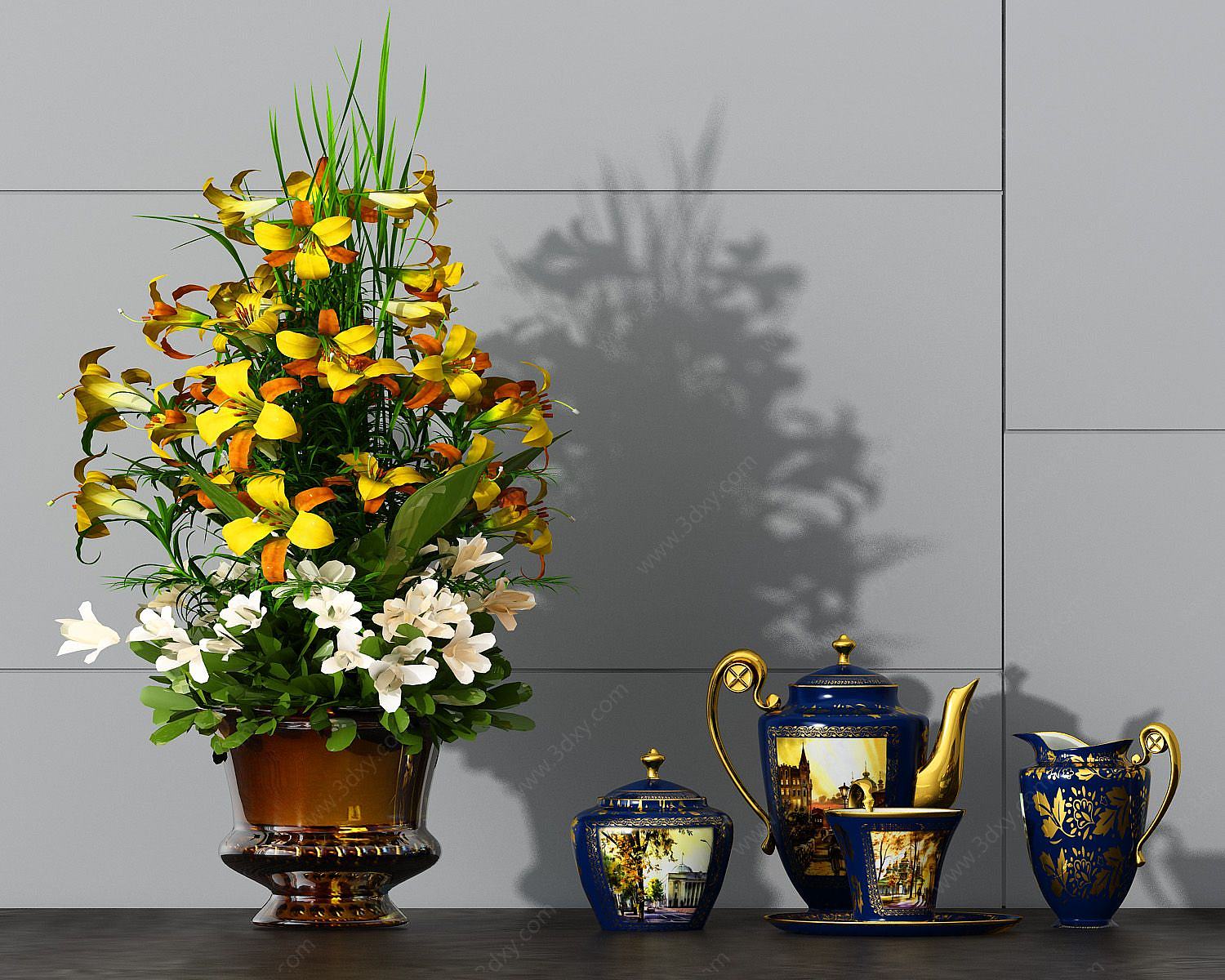 美式茶具花盆花艺3D模型
