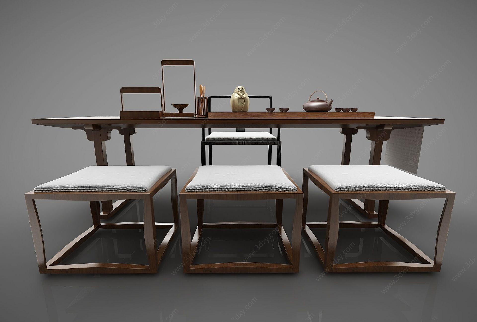 新中式书桌桌椅组合3D模型
