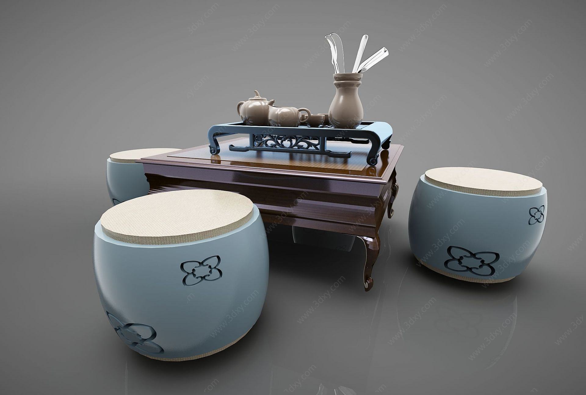 新中式休闲桌边几凳3D模型
