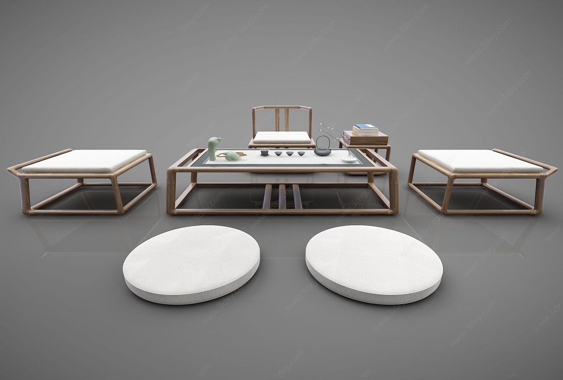 新中式茶室坐垫桌椅3D模型