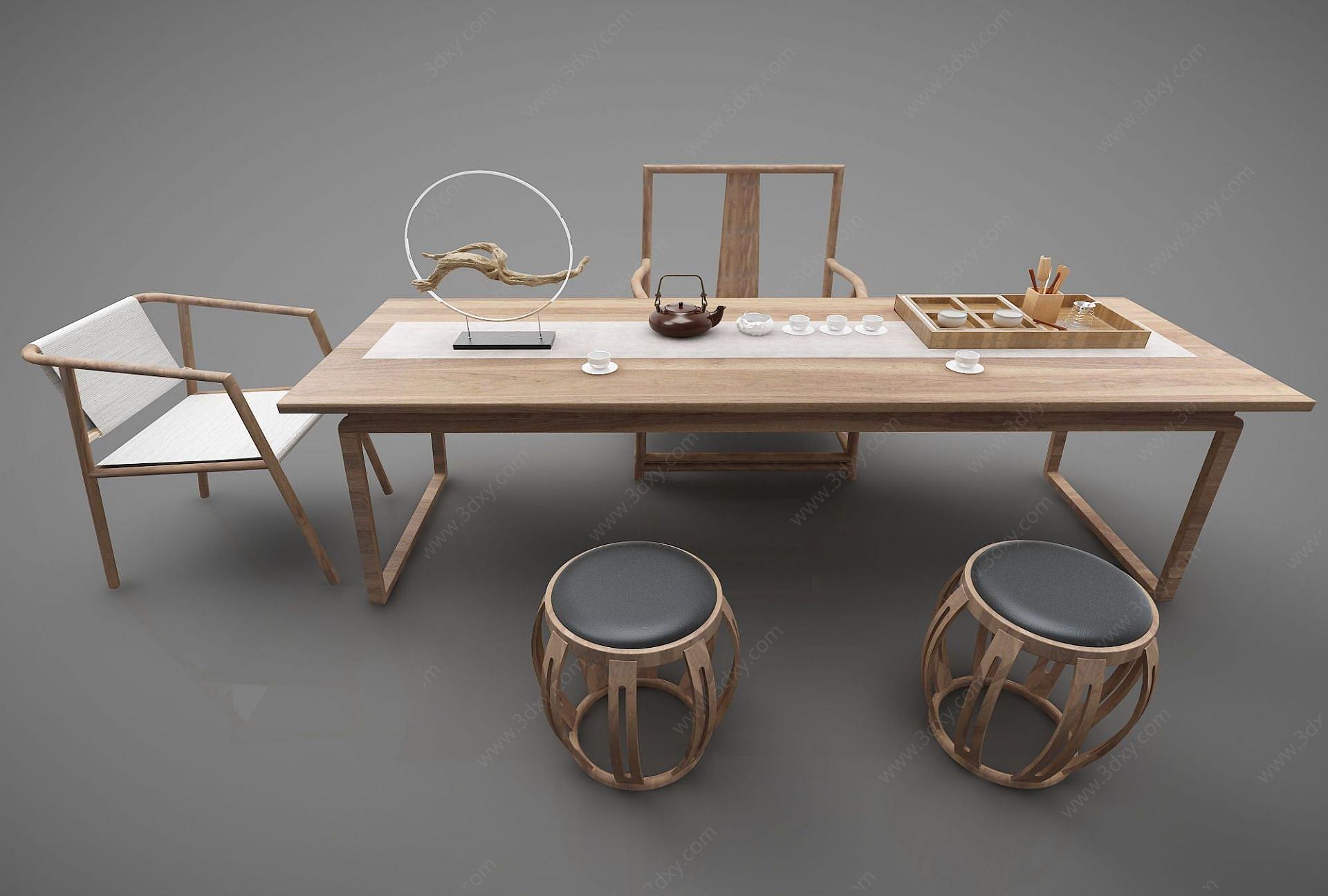 新中式风格书桌茶桌3D模型