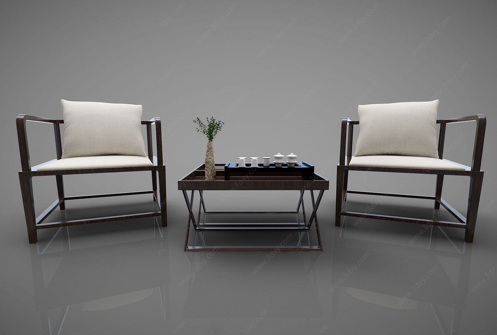 新中式风格沙发茶几组合3D模型