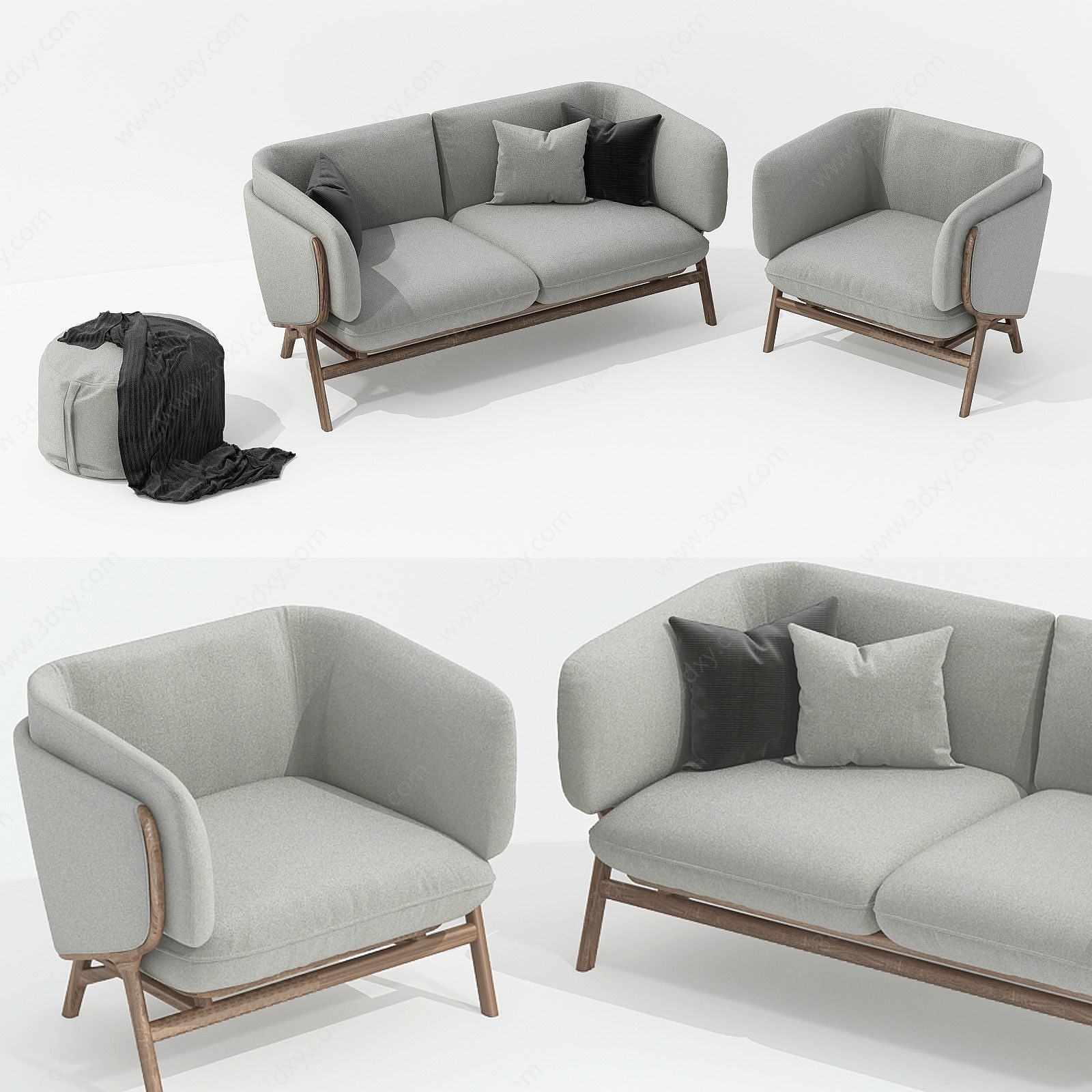 北欧风灰色布艺沙发组合3D模型