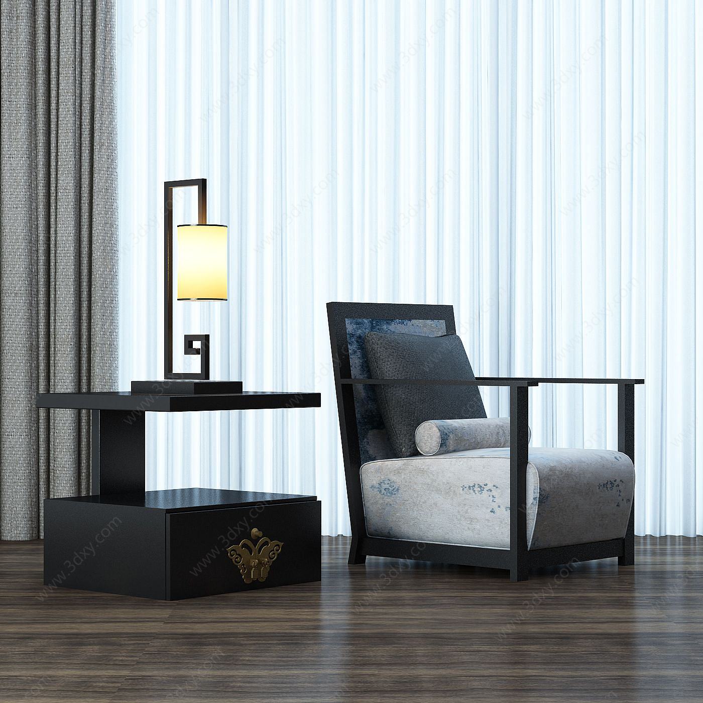 中式单椅床头柜组合3D模型