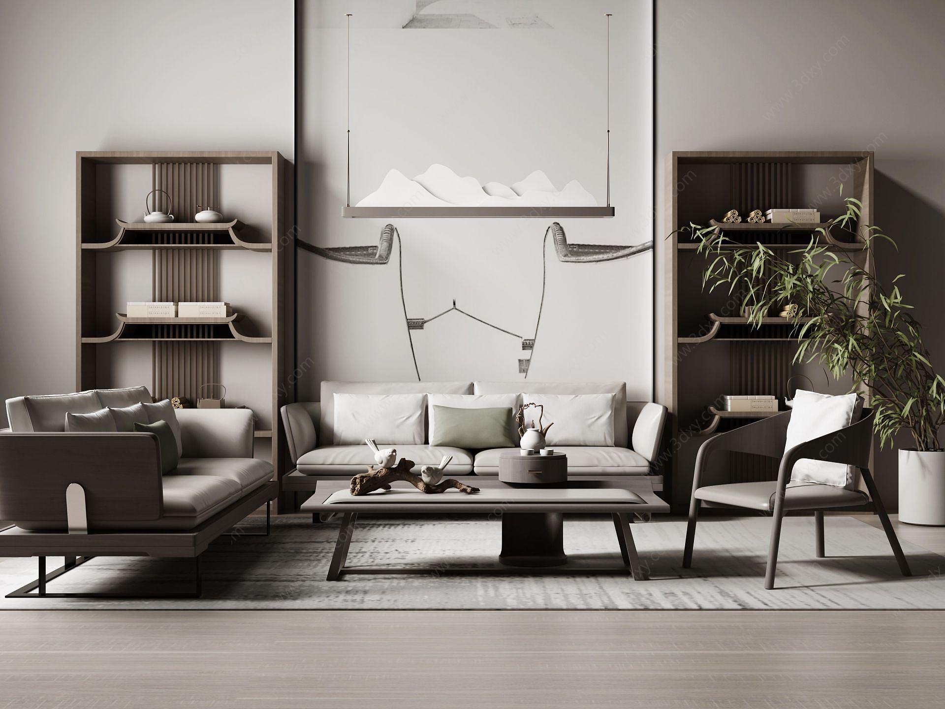 3d新中式客厅沙发茶几组合模型,新中式客厅沙发茶几组合3d模型下载