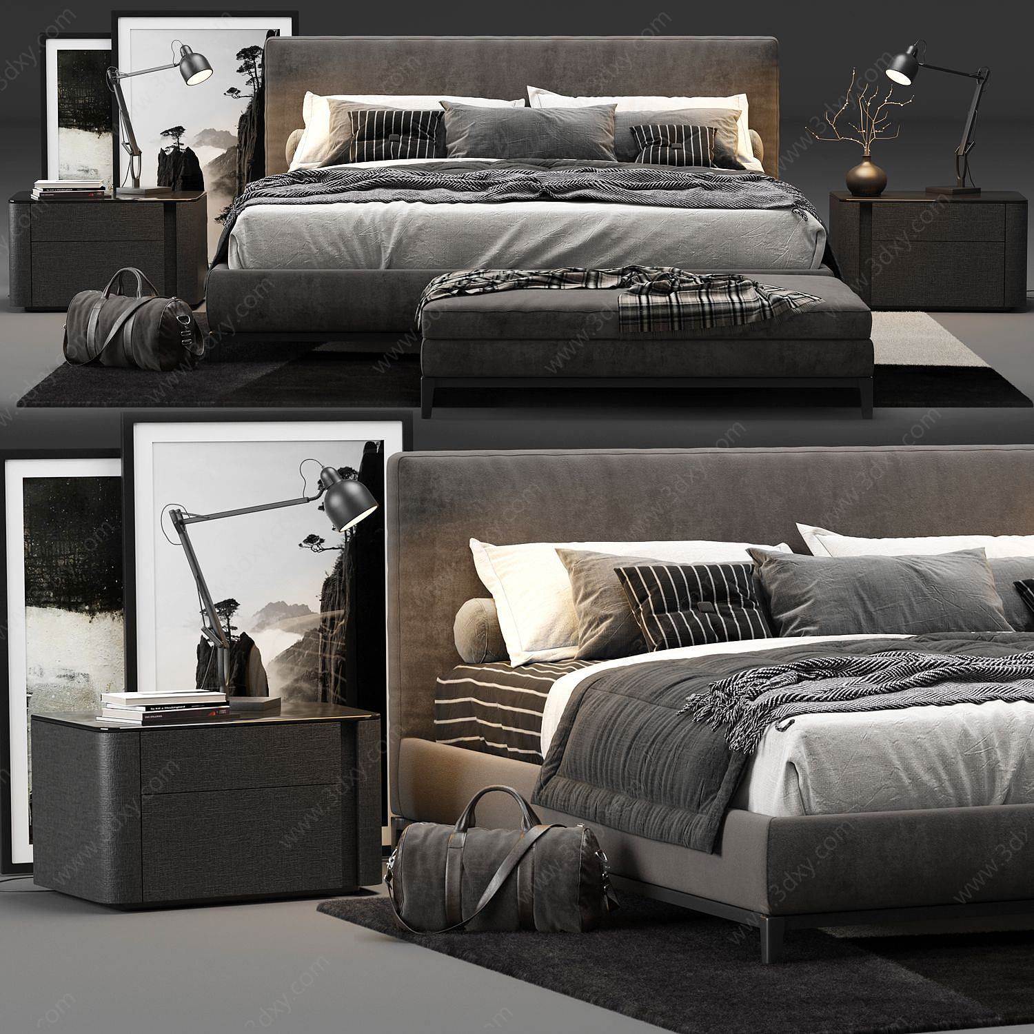 现代双人床床具组合3D模型