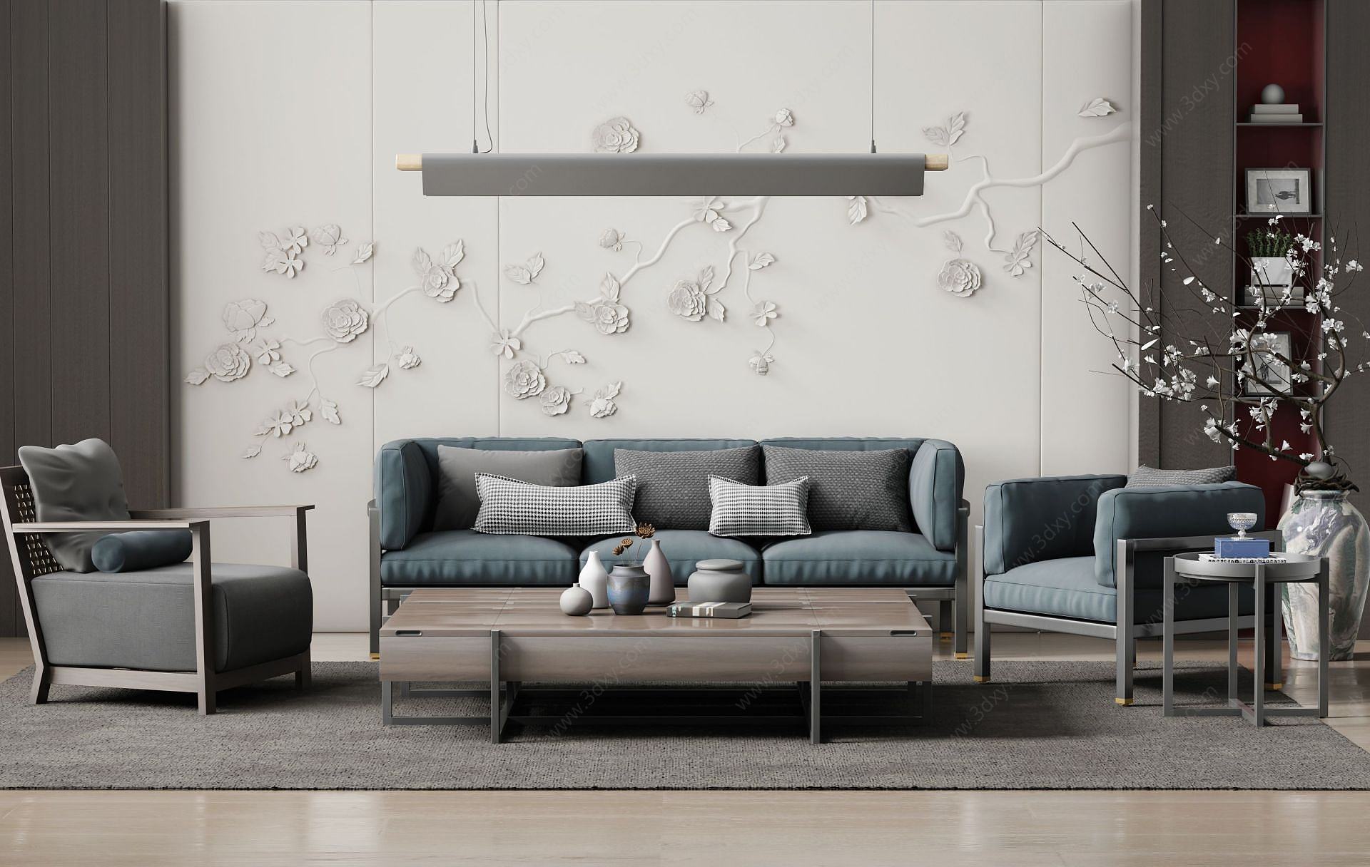 现代新中式沙发茶几组合3D模型
