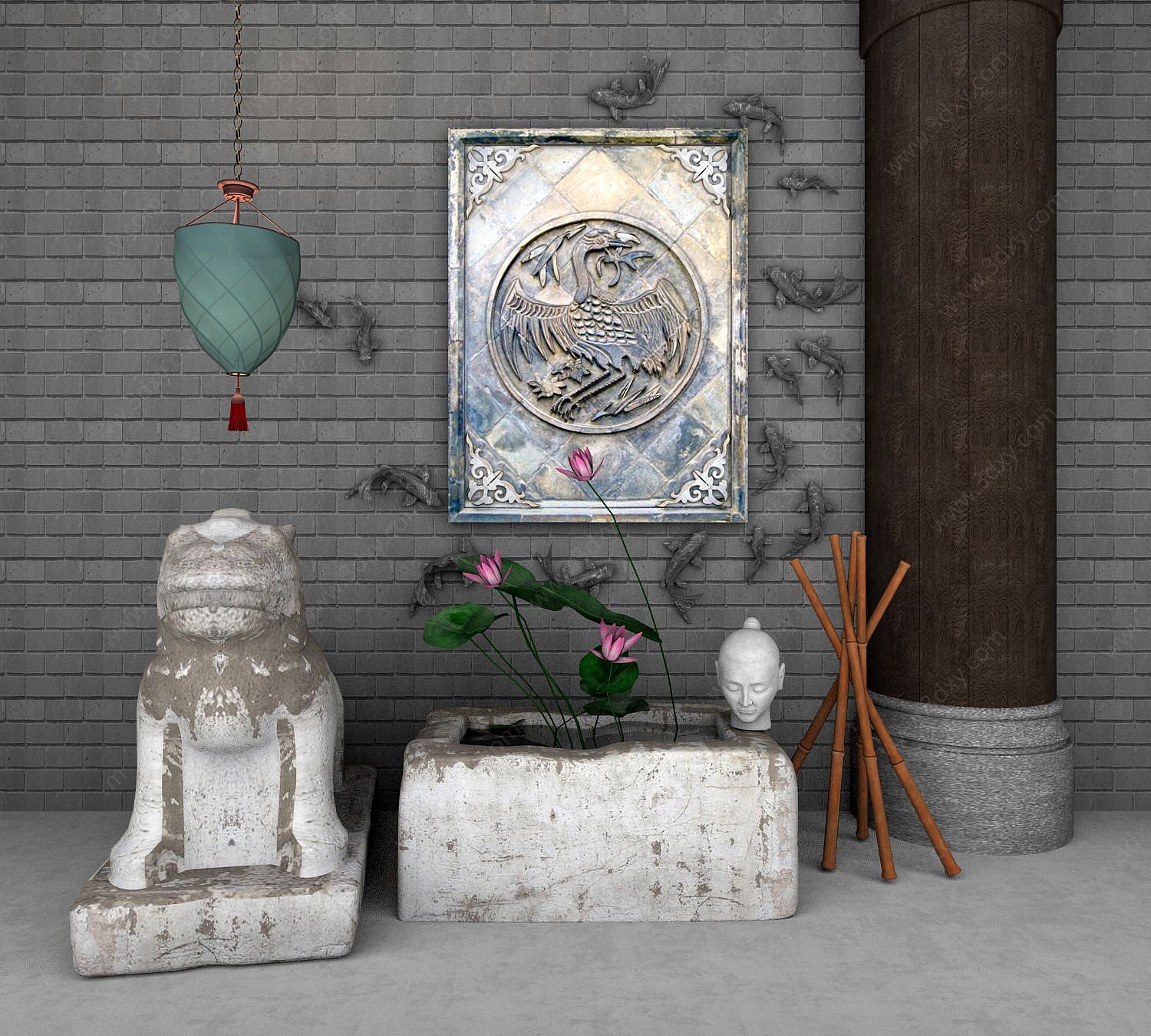 石狮子水缸荷花盆景端景3D模型