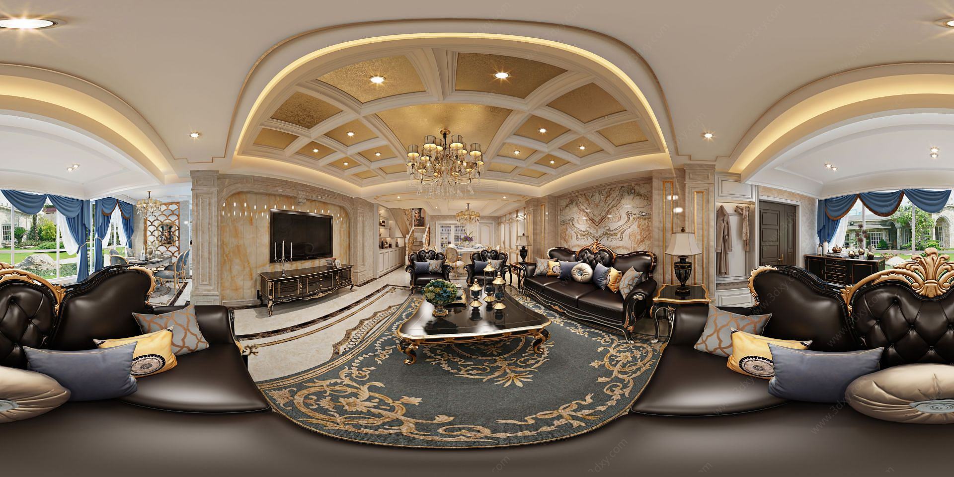 古典美式客餐厅全景3D模型