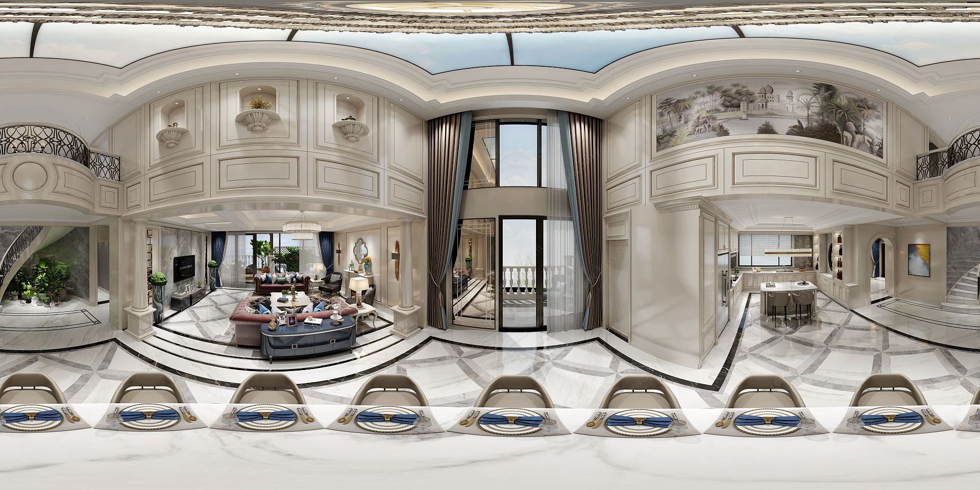 欧式别墅客餐厅全景3D模型