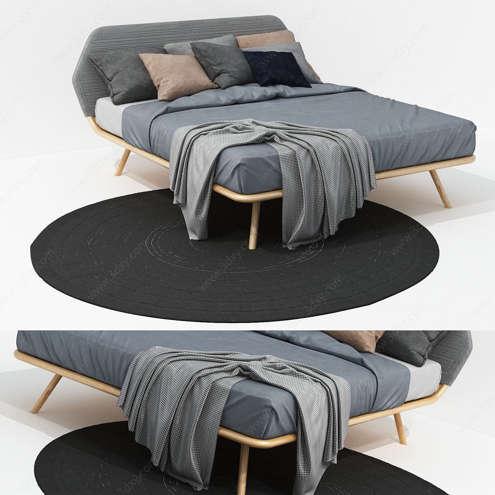 北欧实木棉麻布艺双人床3D模型