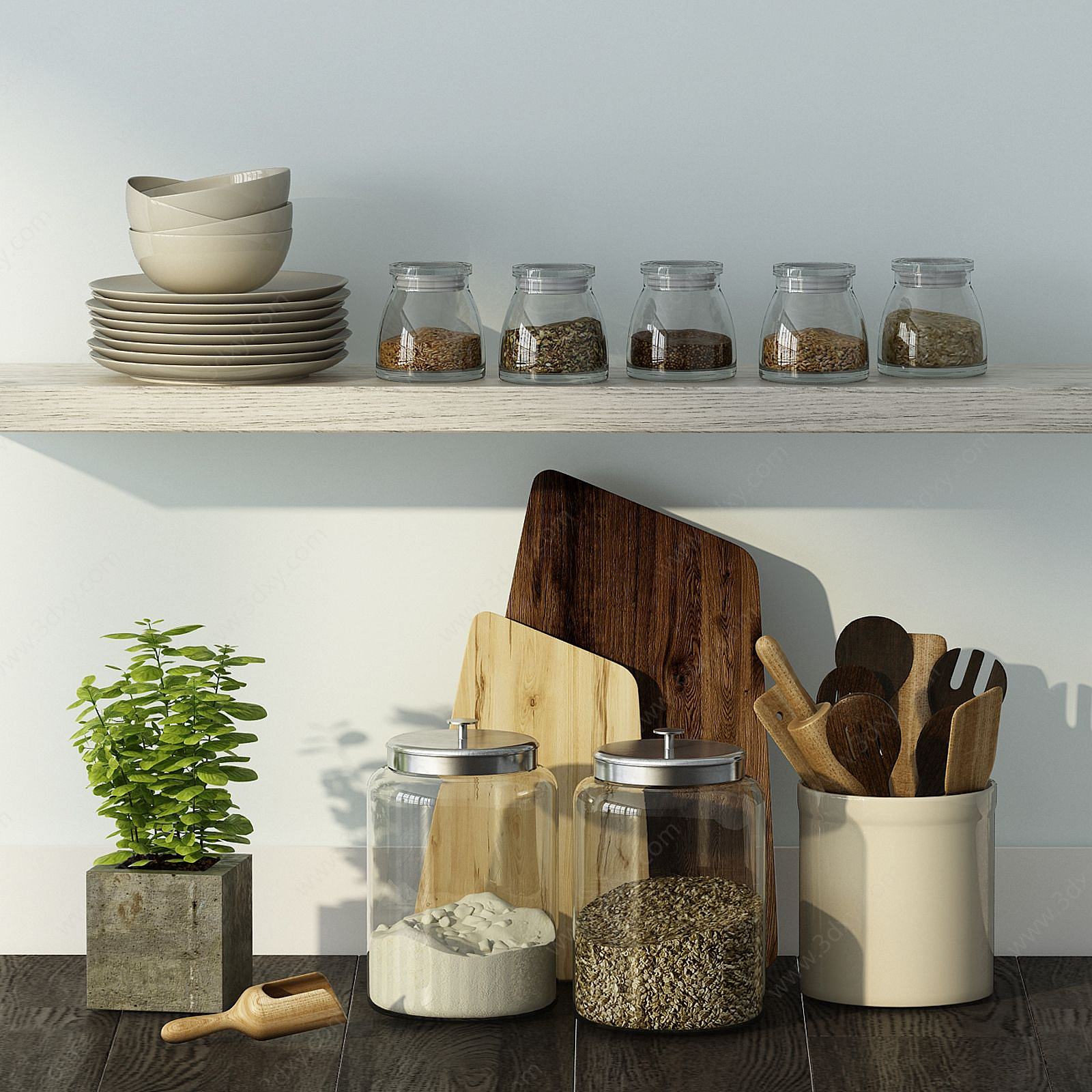 现代家庭厨房用品组合3D模型
