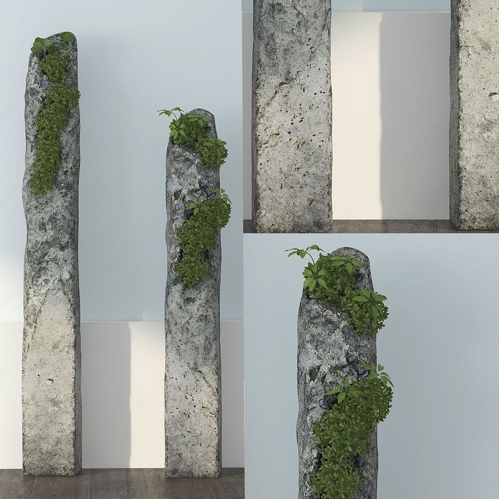 中式石头苔藓盆栽3D模型