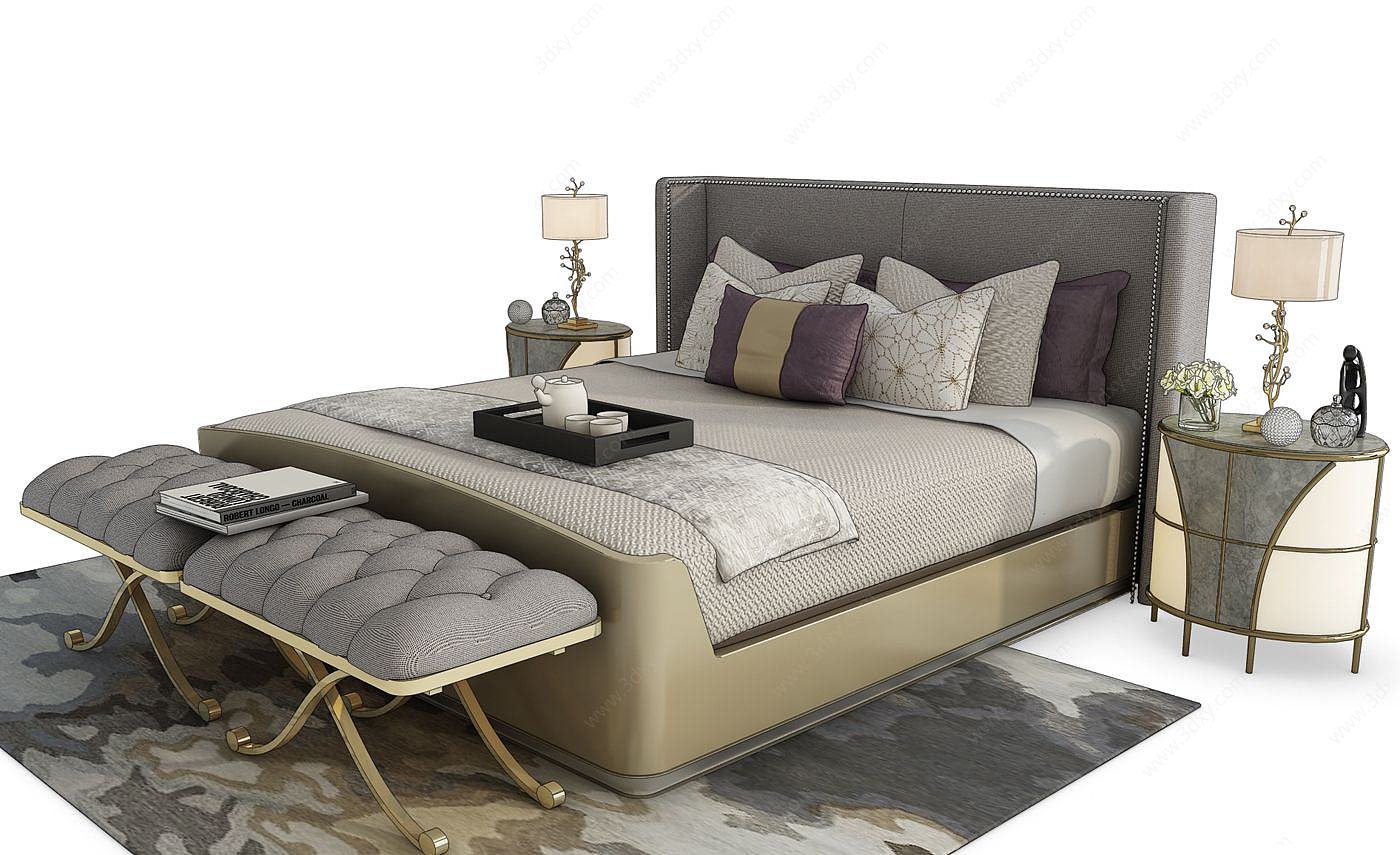 现代双人床床组合3D模型