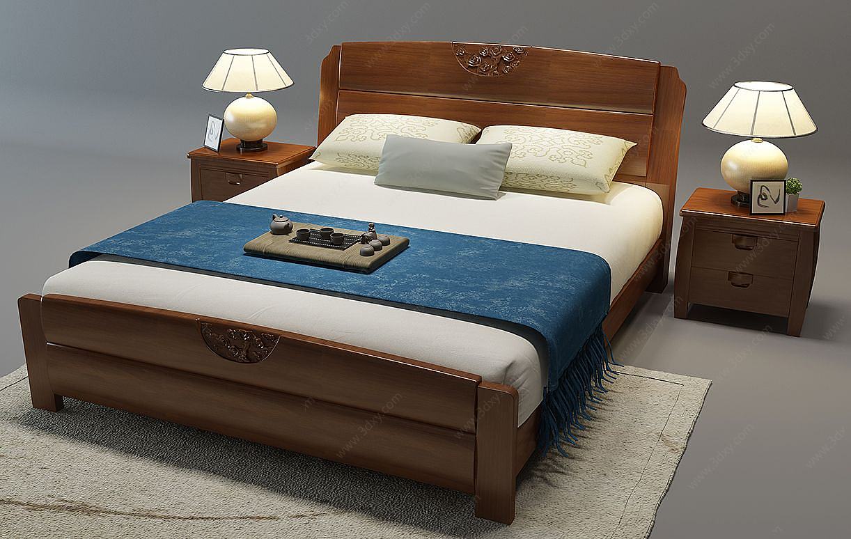 新中式实木床组合3D模型