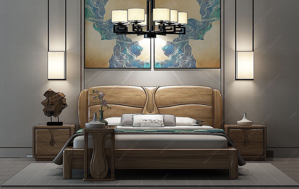 新中式床床头柜组合3D模型