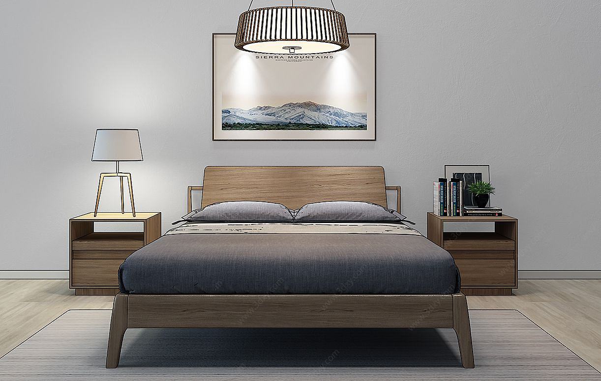 新中式床床头柜吊灯组合3D模型