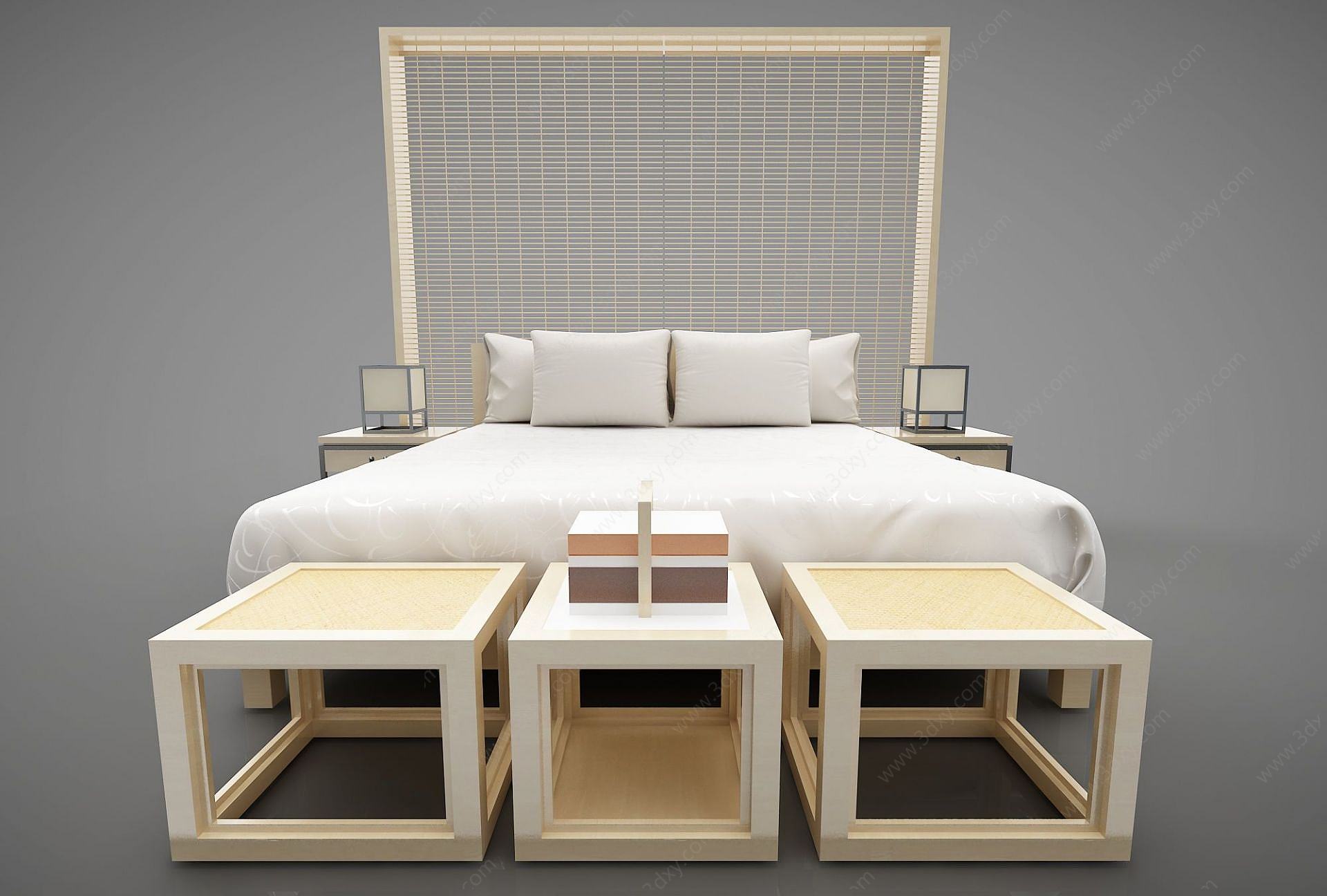 床新中式3D模型