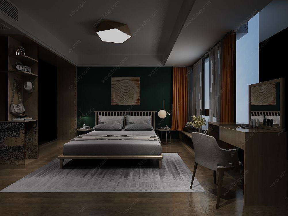 卧室双人床及背景墙3D模型