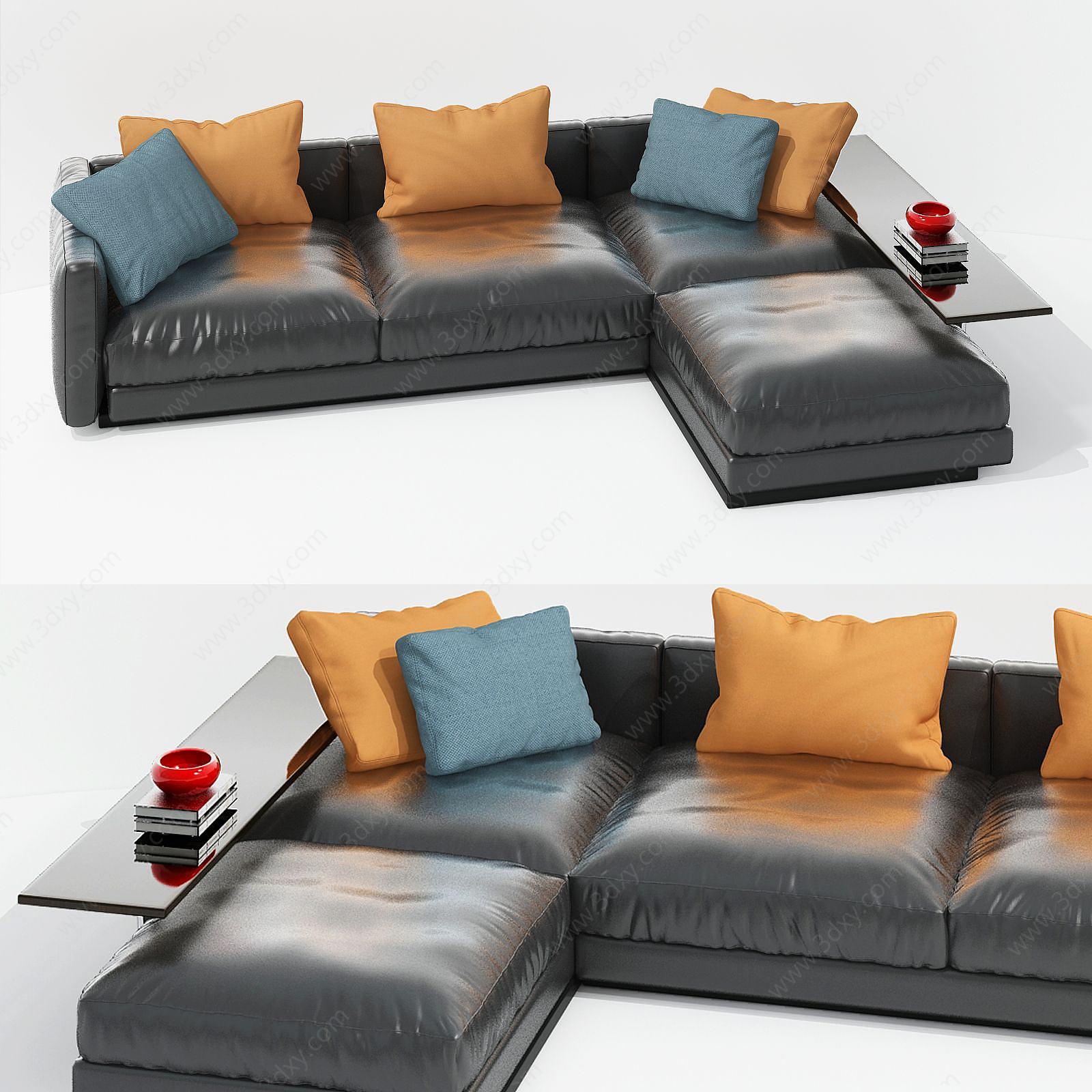 现代L型真皮沙发多人沙发3D模型