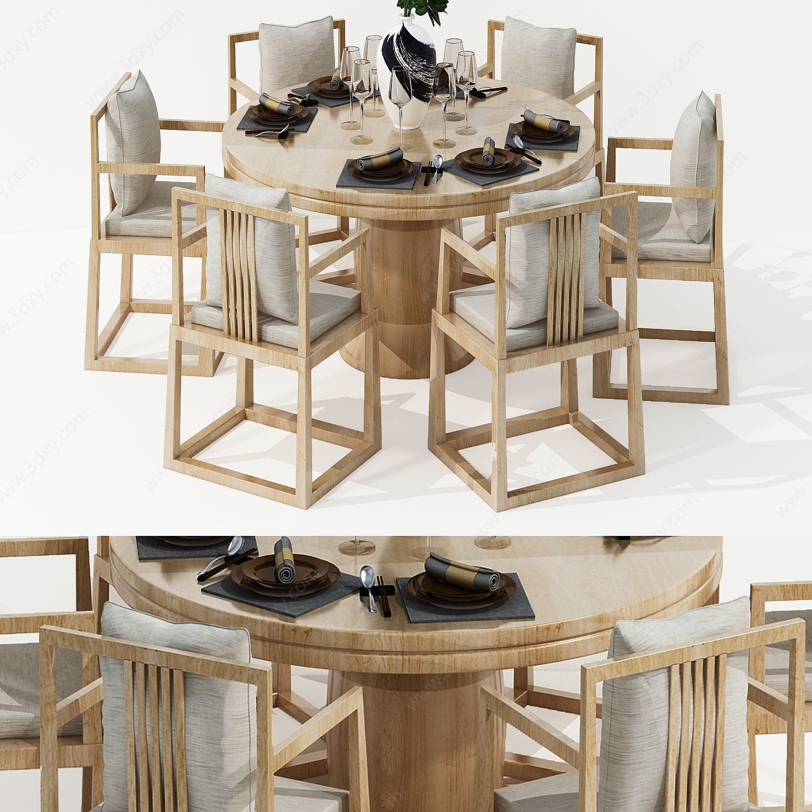 新中式实木原色餐桌椅组合3D模型
