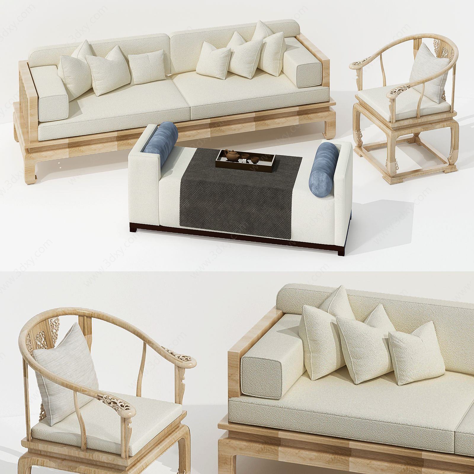 新中式实木原木色沙发组合3D模型