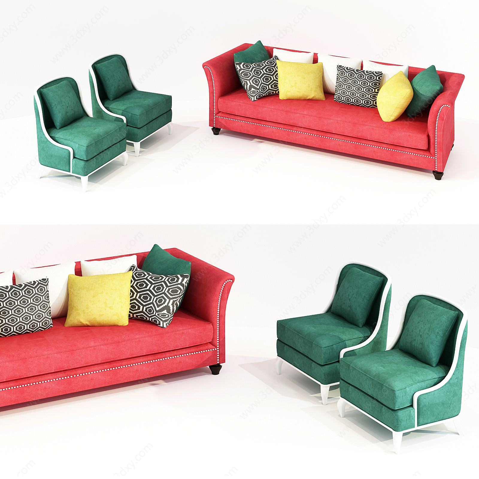 美式红配绿多人沙发3D模型