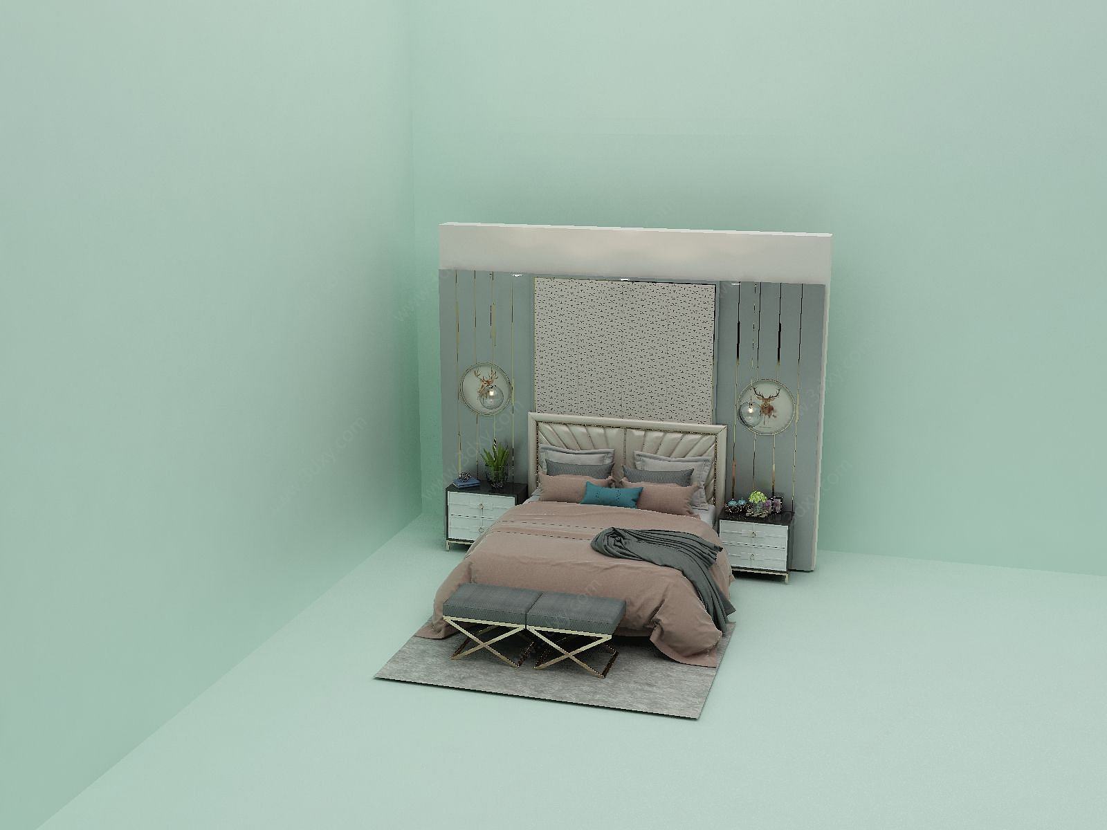 床头柜台灯组合3D模型