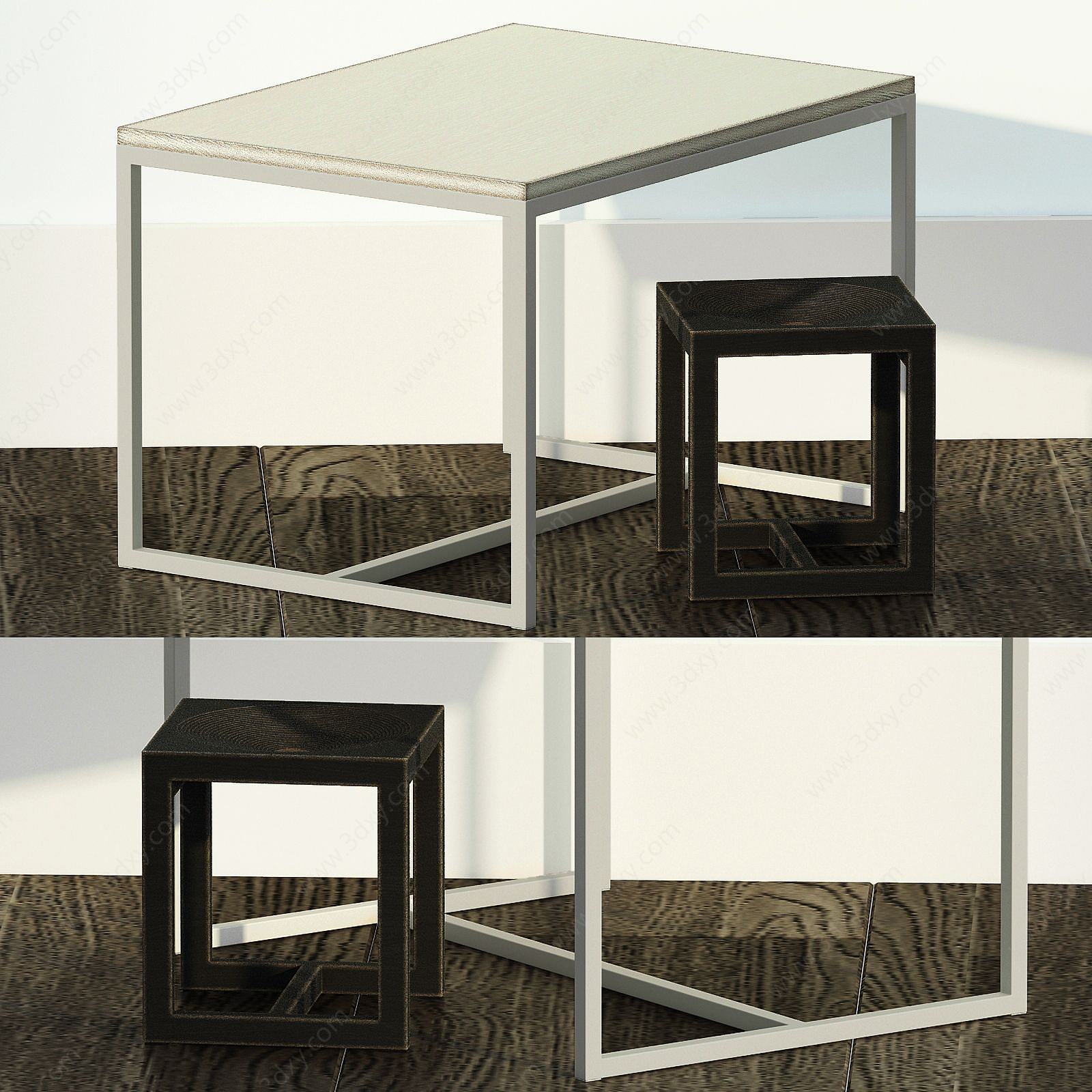 现代简约方桌与方凳3D模型