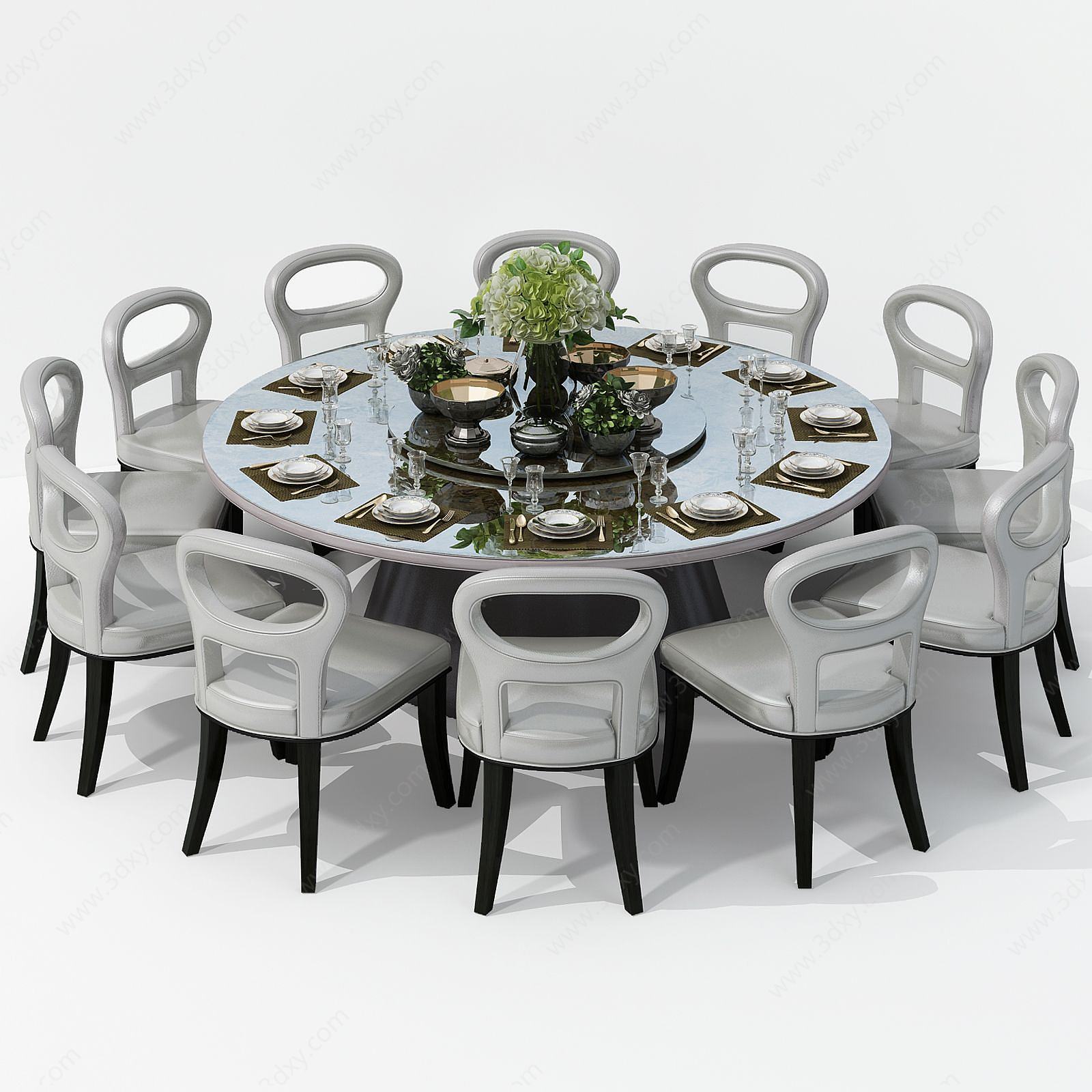 美式镂空多人餐桌椅组合3D模型