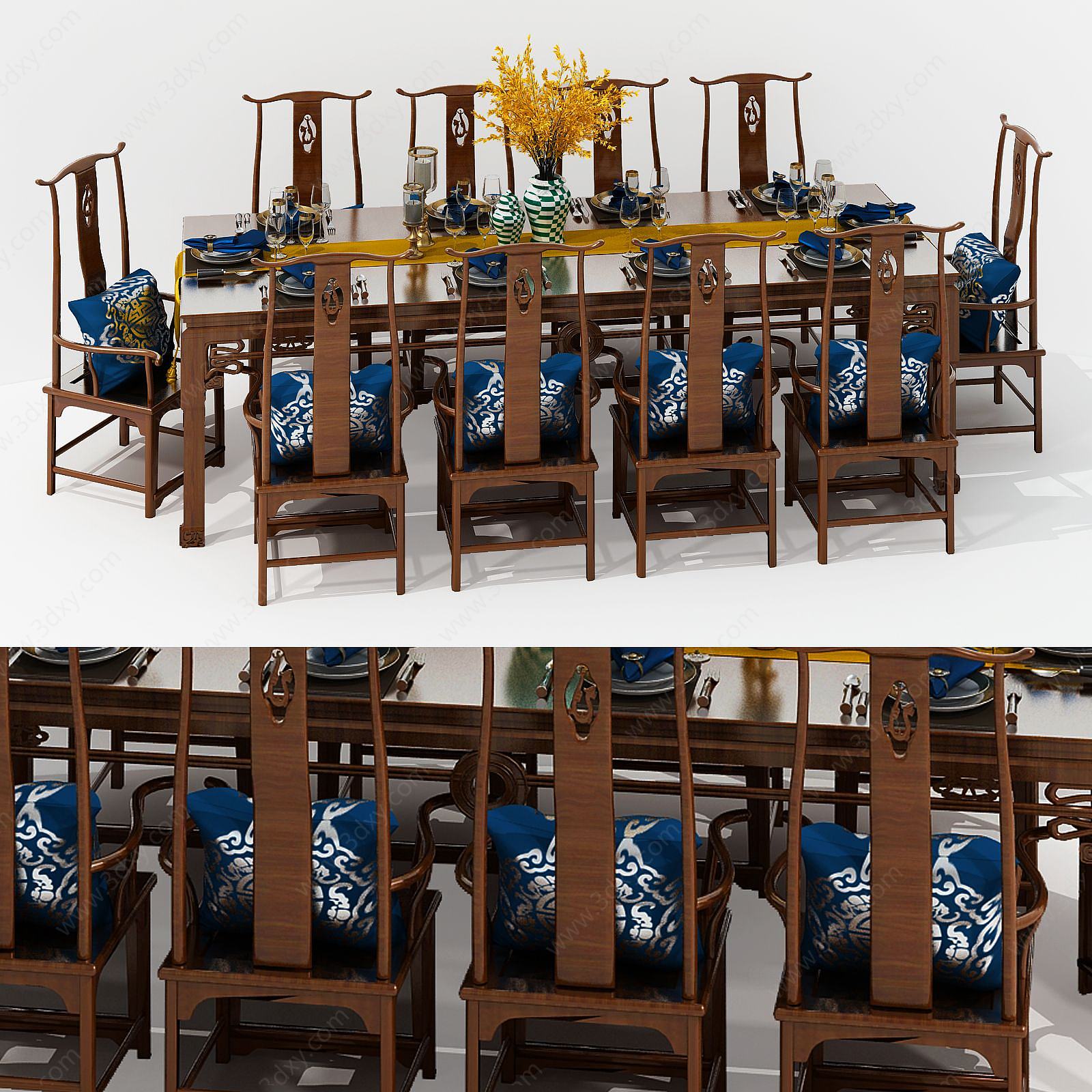 新中式长方形餐桌椅组合3D模型