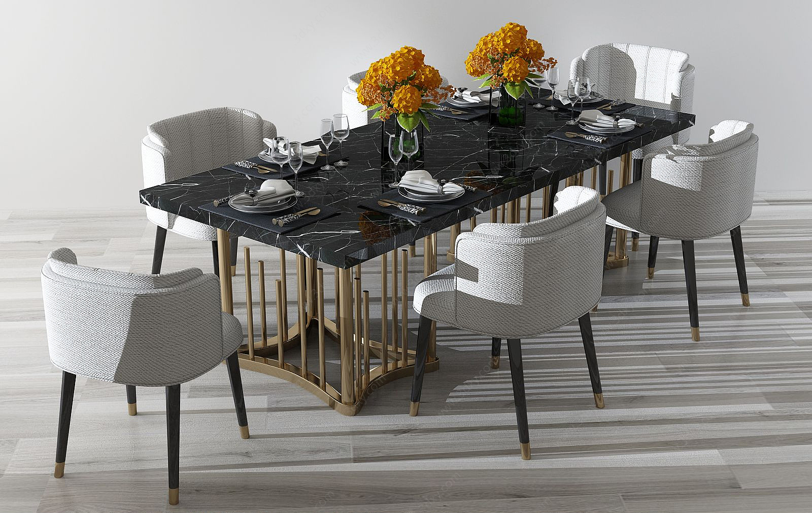 法式简约方形餐桌休闲桌椅3D模型