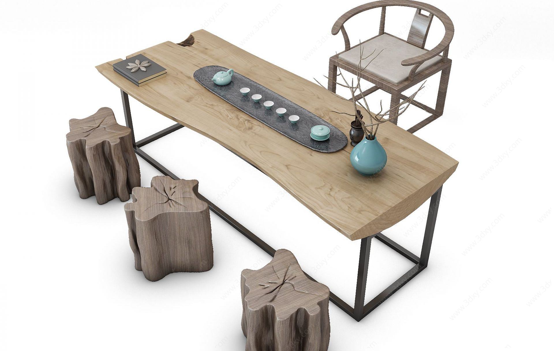 中式茶桌木墩3D模型