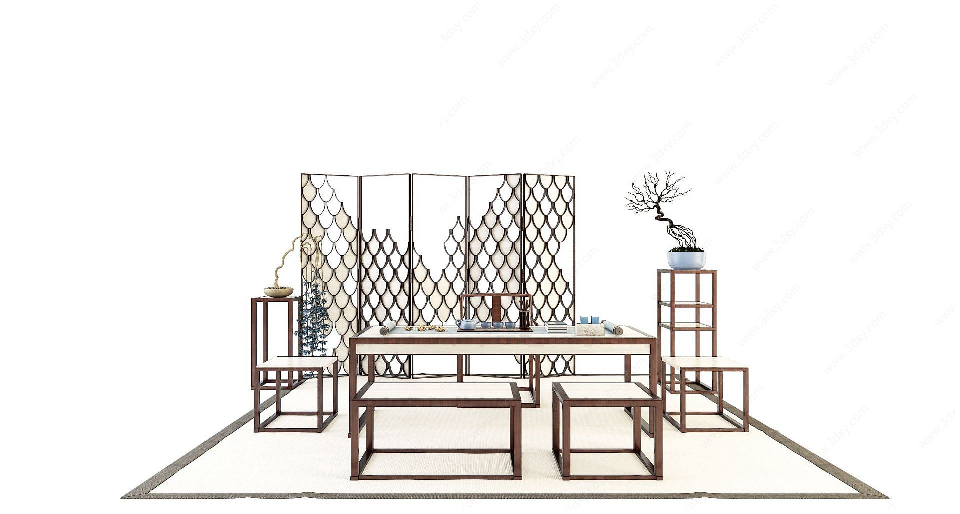 中式茶台桌椅屏风花架组合3D模型