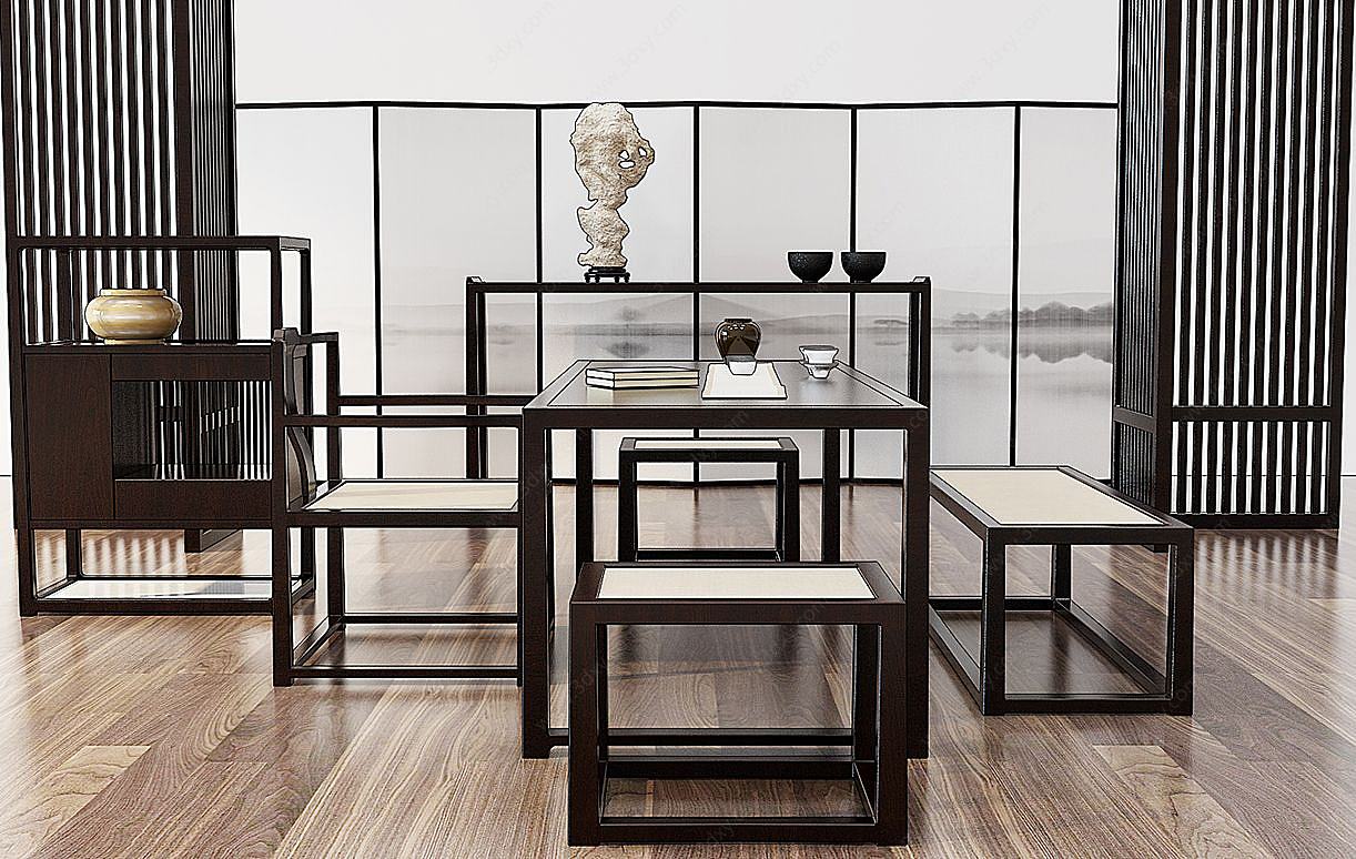 新中式茶室桌椅组合3D模型