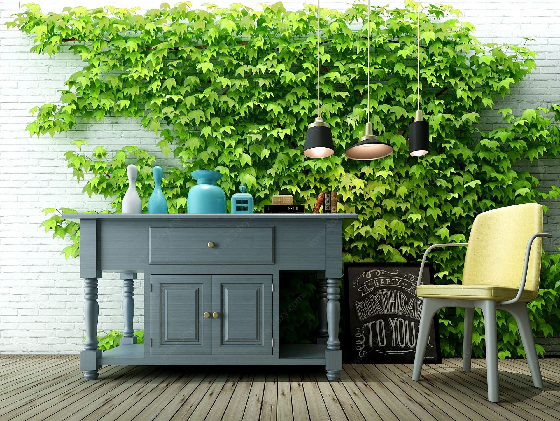代植物装饰柜休闲椅子组合3D模型
