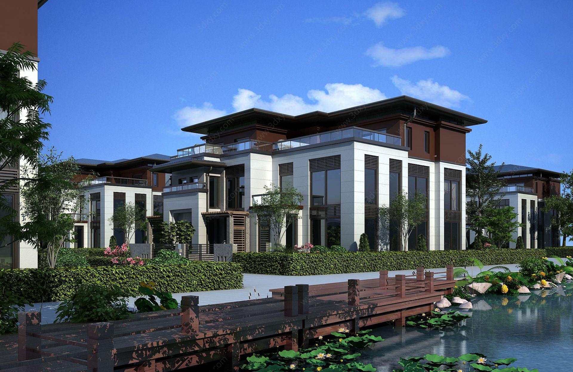 新中式别墅小区透视3D模型
