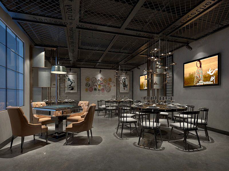 现代中式餐厅3D模型