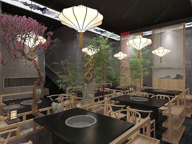 中式个性绿色餐厅3D模型
