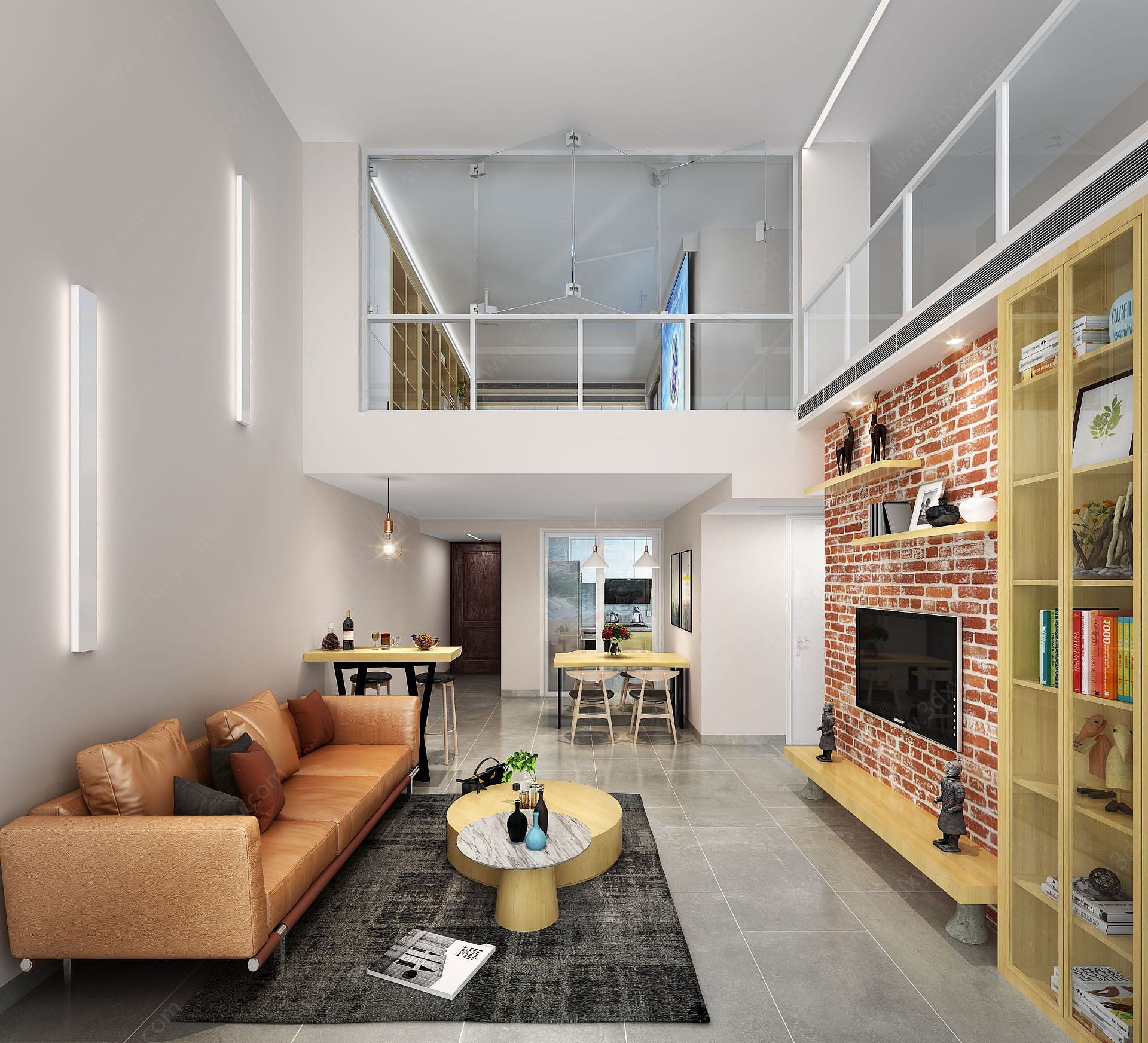 现代客厅红砖背景墙书房3D模型