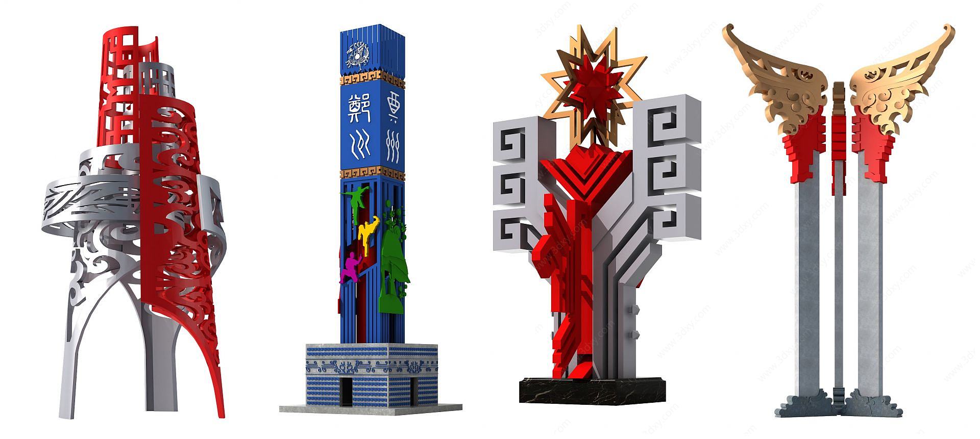 新中式广场地标景观雕塑3D模型