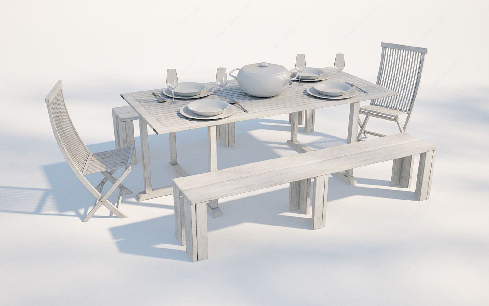 现代户外长凳餐桌3D模型