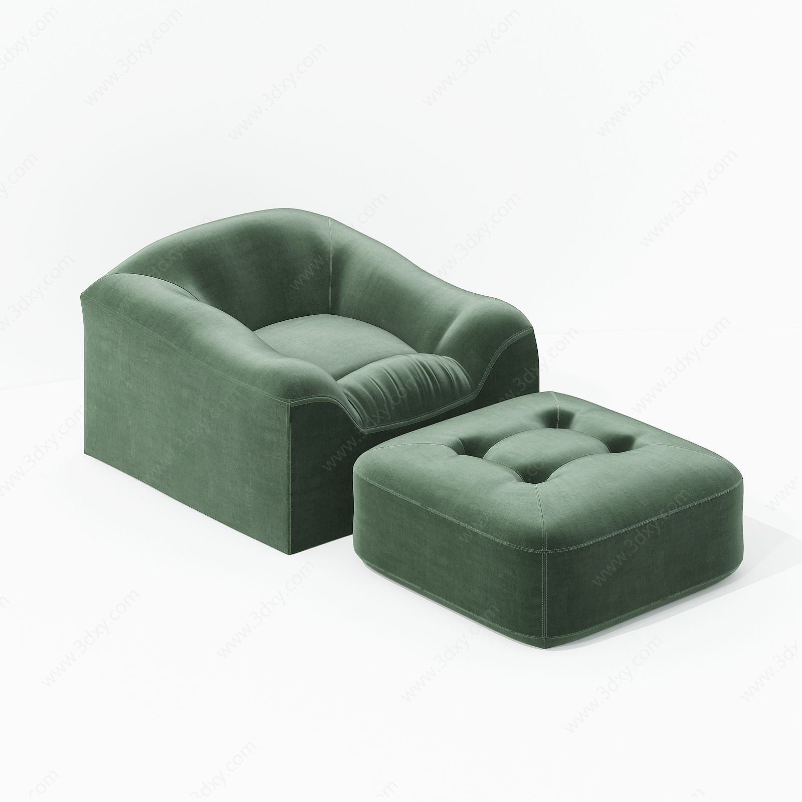 现代布艺单人沙发脚蹬组合3D模型