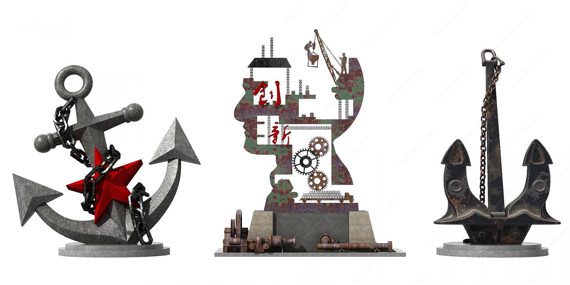 工业风抽象艺术船锚雕塑3D模型