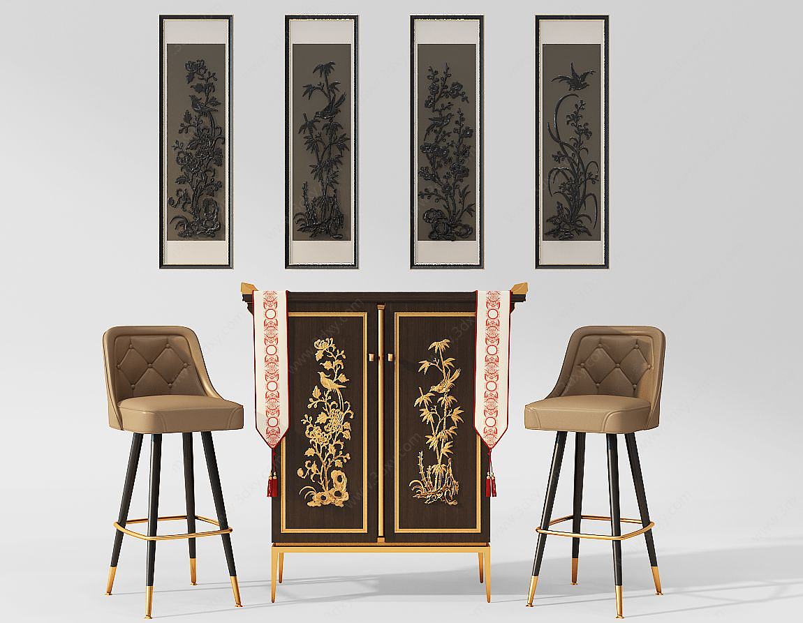 中式装饰柜花鸟浮雕3D模型