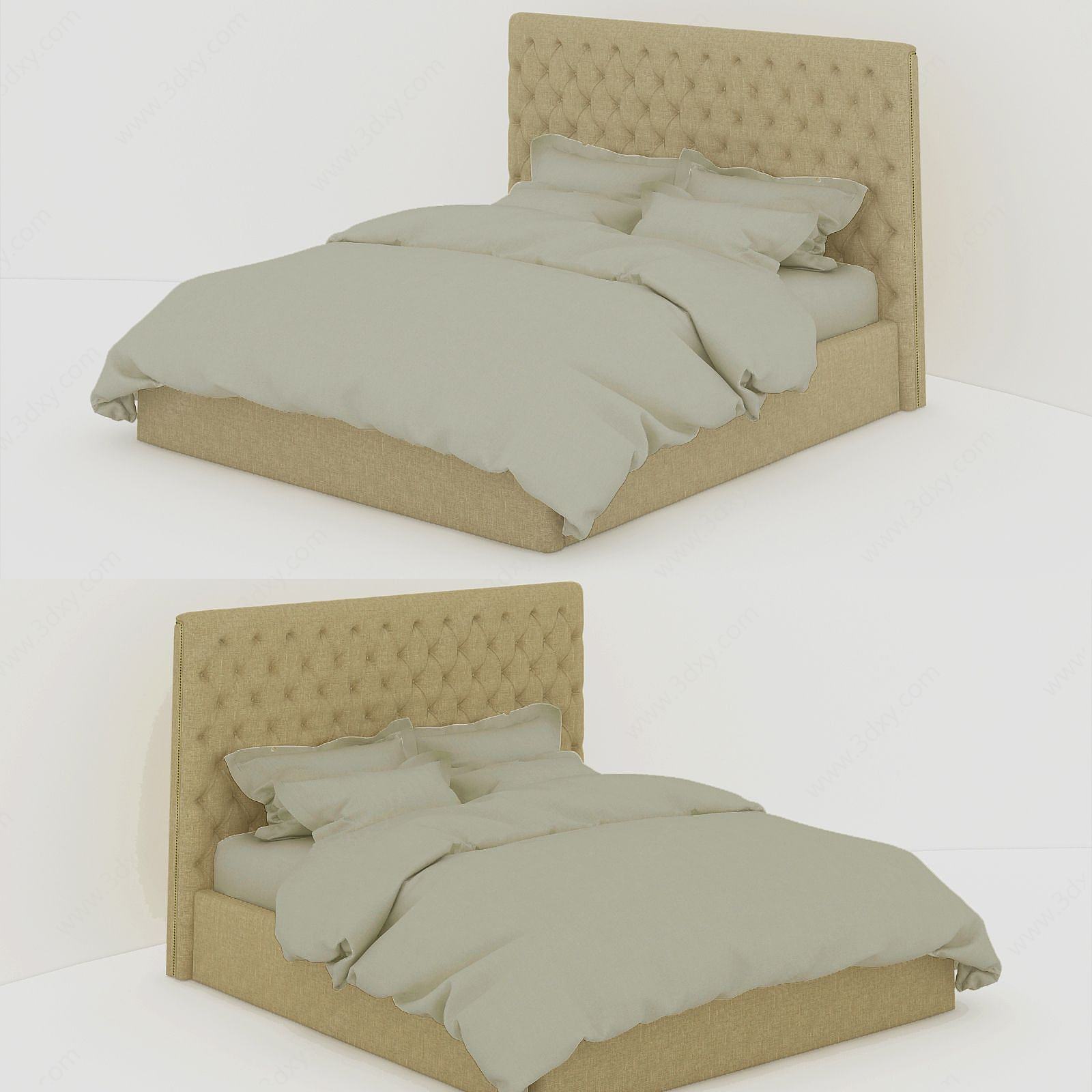 美式简约泡泡床头板双人床3D模型
