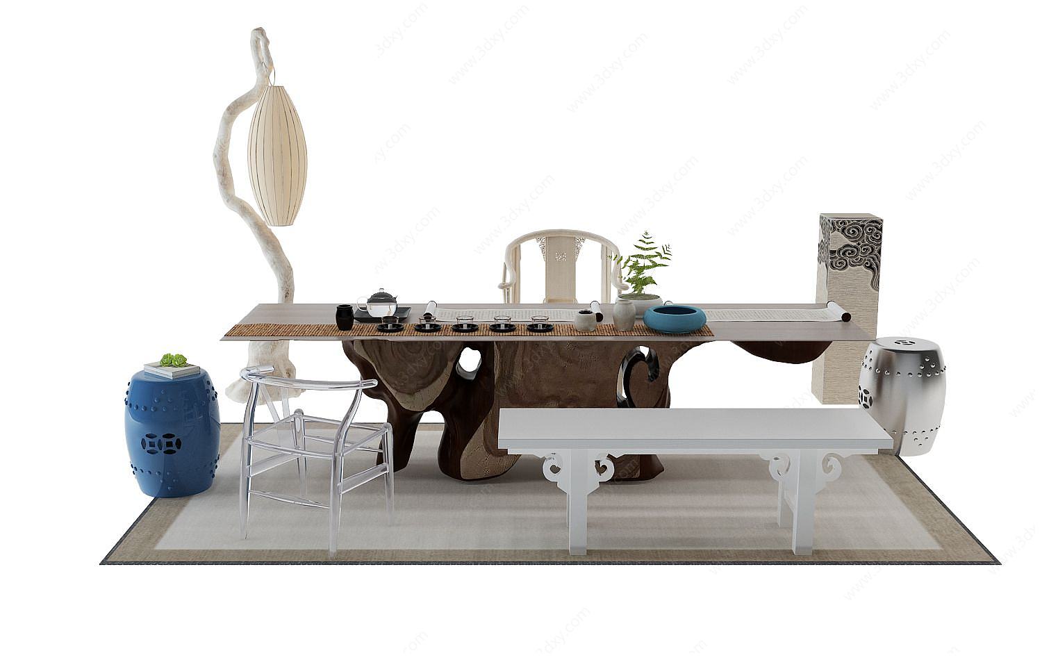 茶桌圆凳3D模型